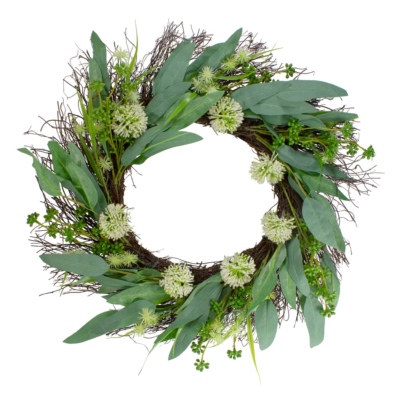 23" Green & White Olive Leaf & Floral Twig Spring Wreath